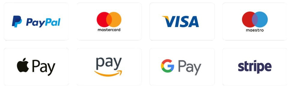 Accepted payment methods: PayPal, Mastercard, Visa, Maestro, Apple Pay, Amazon Pay, Google Pay and Stripe